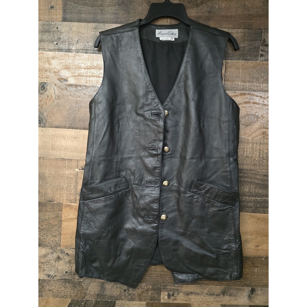 VTG Margaret Godfrey Black Leather Vest Women Size 10 Button Up Classic Heritage